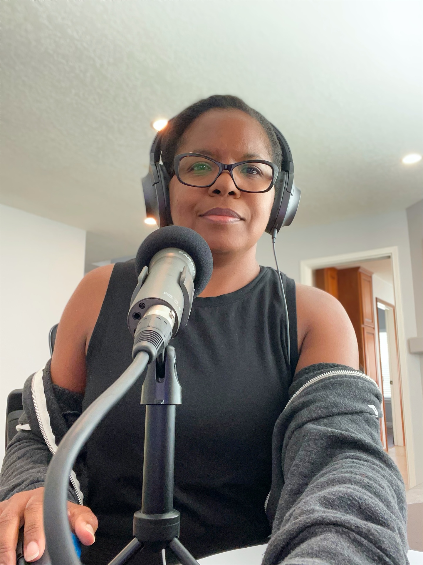 Stephanie recording a podcast